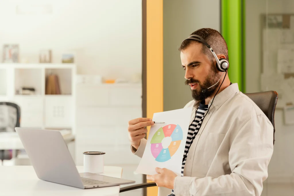 Business consultant presenting strategy during virtual meeting