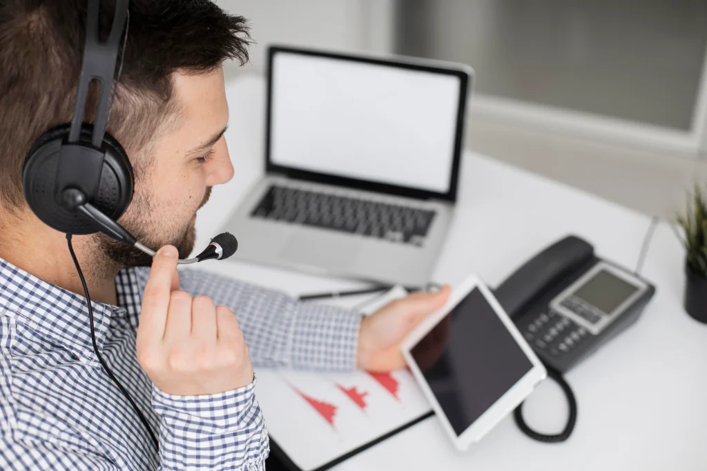 Customer support representative handling business phone inquiries